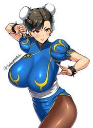 1girls big_breasts bracelet bracelets breasts brown_eyes brown_hair capcom chun-li clothed_female female female_focus female_only fully_clothed hair_bun long_hair pantyhose smile smug sole_gem solo solo_female solo_focus sologem spiked_bracelet spiked_bracelets street_fighter voluptuous