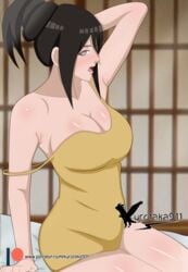 1girls agung911 arm_behind_head arm_up armpits big_breasts boruto:_naruto_next_generations breasts brown_hair cleavage clothing dress female female_only hyuuga_hanabi long_hair looking_aside looking_at_viewer naruto naruto_(series) off_shoulder one_arm_up open_mouth posing sitting strap_slip tied_hair violet_eyes