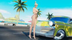 1girls 3d car exposed_breasts exposed_nipples highres looking_at_viewer mercy nude on_toes overwatch tiptoes wackation