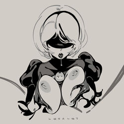 1boy absurdres bimbo blindfold breasts breasts_out busty feather-trimmed_sleeves feather_trim female female_protagonist gloves grey_background greyscale hairband highres lenalet monochrome nier:_automata nier_(series) open_mouth outercourse paizuri penis puffy_sleeves saliva saliva_trail short_hair simple_background teeth tongue upper_teeth veins veiny_penis yorha_2b