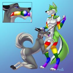 2020 absurd_res anthro armwear balls black_claws black_eyebrows black_nose canid canine canis claws clothed clothing digital_media_(artwork) domestic_dog duo erection eyebrows fellatio fidget_the_fox fox fur furry_only genitals green_body green_eyes green_fur hair hi_res husky inner_ear_fluff internal knotting larryfox male male/male male_penetrated male_penetrating male_penetrating_male mammal multicolored_armwear multicolored_clothing multicolored_penis no_humans nordic_sled_dog nude open_mouth oral oral_knotting penetration penile penis rainbow_armwear rainbow_clothing rainbow_penis rainbow_thigh_highs sex signature simple_background smile spitz tuft white_body white_fur