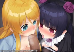 1boy 2girls black_hair blonde blonde_hair blue_shirt cyan_eyes duo faceless_male fellatio flat_chest flat_chested gokou_ruri kousaka_kirino maid mvv oral ore_no_imouto_ga_konna_ni_kawaii_wake_ga_nai purple_flower red_eyes small_breasts stockings sucking tagme uncensored