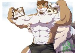 2019 5_fingers absurd_res anthro armpit_hair balls_outline beard beenic big_muscles black_claws black_nose blue_eyes body_hair brown_body brown_fur brown_hair brown_pawpads bulge canid canine canis cellphone claws clothed clothing domestic_dog duo even_(leonbeenic) eyebrows facial_hair felid fingers flexing fur genital_outline grey_body grey_fur hair hi_res humanoid_hands husky machairodontine male male/male mammal multicolored_body multicolored_fur muscular muscular_anthro muscular_male nordic_sled_dog oleola123 pawpads penis_outline phone pink_nose selfie smile spitz thick_eyebrows topless two_tone_body two_tone_fur underwear white_body white_fur white_hair yellow_eyes