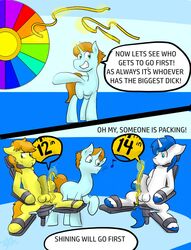 anatomically_correct anatomically_correct_genitalia anatomically_correct_penis animal_genitalia animal_penis balls blue_background blue_eyes blue_hair braeburn_(mlp) comic comparing competition equid equine equine_penis erection fan_character feral friendship_is_magic fur game_show genitals green_body green_eyes green_fur group hair hasbro hi_res hooves horn horse horse_tail killian_joy magic magic_user male male/male mammal mane medial_ring musical_note my_little_pony orange_body orange_fur penis penis_size_difference pony semi-anthro sexual_competition shining_armor_(mlp) simple_background smile tape_measure telekinesis unicorn unicorn_horn wheel whistle whistling white_body white_fur yellow_body yellow_fur