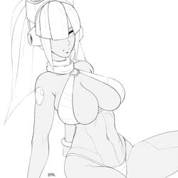 1girls big_breasts bikini bra breasts clothed dark-skinned_female dark_skin hair_over_one_eye hime_cut hskcomms layer long_hair looking_at_viewer mega_man mega_man_x mega_man_x_dive monochrome panties reploid robot robot_girl robot_joints solo swimsuit swimsuit_layer_(x_dive)