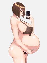 1girls big_breasts botsu bra breasts brown_hair cleavage female female_only huge_belly large_breasts looking_at_viewer panties pregnant ready_to_pop selfie short_hair solo