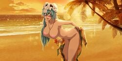 1girls ar_mess areolae beach bent_over big_breasts bleach bleach_brave_souls bracelets breasts dressing edit female female_only flower green_hair hazel_eyes jewelry long_hair looking_at_viewer naked necklace nelliel_tu_odelschwanck nipples nude nude_edit ocean sand scar skirt skull_hair_ornament smile standing sunset third-party_edit tied_hair water