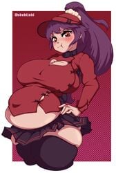 aeshleigh annoyed belly big_belly big_breasts blush breasts chubby clothed female highres i_love_you_colonel_sanders kfc looking_at_viewer overweight overweight_female plump ponytail purple_hair red_eyes shubijubi skirt solo solo_female thick_thighs thighhighs visor