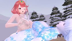 1futa 2girls 3d breasts cum cum_on_breasts cumshot dahlia_(xenoblade) futa_on_female futanari huge_breasts huge_cock large_breasts light-skinned_female naked nintendo nipples nude orgasm outdoor outdoors paizuri penis pyra_(xenoblade) red_hair snow theboobedone threesome white_hair xenoblade_(series) xenoblade_chronicles_2