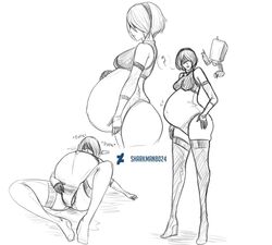 1girls amniotic_fluid big_breasts birth breasts cleavage clone66 clothing crowning female female_only female_protagonist huge_belly large_breasts monochrome nier nier:_automata panty_birth pregnant ready_to_pop spread_legs thighhighs yorha_2b