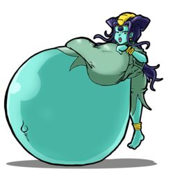 1girls barefoot belly_button blue_hair blue_skin dragon_ball dragon_ball_gt earrings evil_dragon female green_dress green_skin huge_belly huge_breasts hyper hyper_belly jewelry liu_xing_long long_hair nasuokaa-san oceanus_shenron tagme