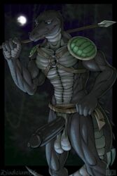 abs alligator alligatorid anthro balls big_balls clothing clothing_aside crocodilian forest genitals hi_res iudicium86 loincloth loincloth_aside male male_only melee_weapon moon muscular muscular_anthro muscular_male night pecs penis polearm reptile scalie solo spear thick_penis tree tribal warrior weapon