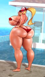 1girls ass_cleavage bikini blonde_hair bubble_butt butt_crack fatal_fury female female_only female_terry from_behind full_body highres huge_ass huge_breasts looking_at_viewer looking_back rule_63 snk snk_heroines:_tag_team_frenzy someshittysketches standing terry_bogard thick_thighs