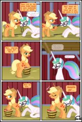 absurd_res alicorn apple applejack_(mlp) ass blonde_hair bucket comic correct_artstyle dialogue domination duo english_text equid female female/female female_domination feral food friendship_is_magic fruit genitals gutovi-kun hair hasbro hi_res horn mammal multicolored_hair my_little_pony oral page_5 page_number plant princess_celestia_(mlp) pussy submissive submissive_female wings yuri