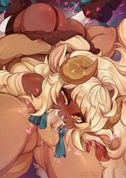 1boy 1girls ahe_gao amber_eyes animal_ears animal_horns ass balls bangs blonde_hair blowjob blush bovine clothing cum cum_in_mouth cum_inside cum_out_nose curved_horns dark-skinned_female dark_skin deepthroat eyebrows_visible_through_hair fellatio female garter_straps horns human humanoid interracial light-skinned_male light_skin long_hair male merunyaa mouth_full penis sheep sheep_ears sheep_girl sheep_horns sheep_tail standing_69 straight throat_fuck vanilla_(maybelle)