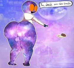 1boy backsack barefoot big_ass hoodie humanoid male_only mollusk no_pants non-human orange_eyes original_character penis pointing rt_afterhours smile snail space text thick_thighs toony uwu