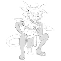 ambiguous_penetration choker demon_girl demon_tail dildo disgaea elbow_gloves etna flat_chest hskcomms looking_at_viewer monochrome penetration_under_skirt pointy_ears smile squatting squatting_on_dildo sweating thigh_boots thighhighs twintails