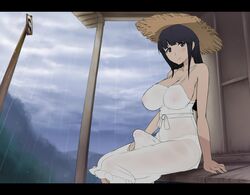 1futa big_breasts big_penis black_hair casual casual_erection casual_exposure clothing dress duplicate edit elzikyuchi erection erection_under_clothes futanari hat headwear human looking_at_viewer milf pale_skin photoshop rain sitting solo_futa taller_girl wet wet_clothes