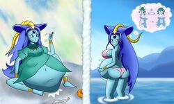 barefoot bathing big_ass big_belly big_breasts bikini blue_skin blush breasts dark55321 dragon_ball dragon_ball_gt earrings evil_dragon female green_eyes green_skin imagine_spot jewelry liu_xing_long long_hair oceanus_shenron seaside tagme unknown_character vore weight_gain