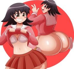 1girls ass ass_focus azumanga_daiou big_ass black_hair bottomless bra breasts brown_hair clothing fat_ass female female_only huge_ass large_ass massive_ass mechspazer medium_breasts mooning pale-skinned_female pale_skin red_background school_uniform skirt small_breasts tomo_takino white_background