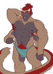 anthro balls blinian bulge clothing doni_the_monkey_(higaku) facial_piercing genitals haplorhine hi_res horn long_tail male male_only mammal monkey multi_arm multi_limb nose_piercing nose_ring penis piercing primate solo standing thong underwear