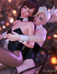 2girls 3d bunnysuit chair_position closed_eyes d.va eyeshadow female female_only half-closed_eyes holding_hands lipstick looking_at_viewer looking_pleasured mercy milapone nylons overwatch overwatch_2 pantyhose playboy_bunny seductive seductive_look sitting stockings thighhighs yuri