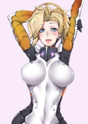 1girls armor arms_behind_head big_breasts blonde_hair blue_eyes blush cute female female_only gggg grey_armor large_breasts mercy overwatch short_hair solo_female tied_hair tight_clothing tight_shirt white_armor white_background