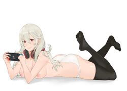 1girls ass big_breasts black_legwear blush breasts bubble_ass bubble_butt corrin_(fire_emblem) corrin_(fire_emblem)_(female) curvy feet female fire_emblem fire_emblem_fates hair_between_eyes hair_ornament hairband headphones headphones_around_neck j@ck large_breasts legs legs_up long_hair lying manakete nintendo_switch nipples no_shoes on_stomach paid_reward panties patreon_reward playing_games pointy_ears red_eyes silver_hair simple_background skin_fang smile solo tareme thighhighs thighs topless underwear video_game white_panties
