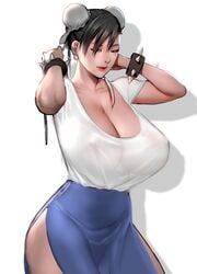 1girls alternate_breast_size black_hair breasts capcom chun-li cleavage female fully_clothed gigantic_breasts huge_breasts massive_breasts milf scarlett_ann see-through slit_skirt smile spiked_bracelet street_fighter