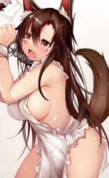 1girls apron big_breasts breasts brown_eyes brown_hair chain_leash chained collar crying curvy curvy_female curvy_figure efe female female_focus female_only fluffy_ears fluffy_tail kagerou_imaizumi leash long_hair milk mostly_nude naked_apron oerba_yun_fang open_mouth petplay sideboob solo solo_female tears touhou wolf_ear wolf_girl