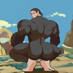 1boy ass beefy broly_culo clothed full_body full_body_suit fully_clothed human kanoh_agito kengan_(series) kengan_ashura looking_back male male_only meme muscles muscular_arms muscular_back muscular_male smile squatting toony