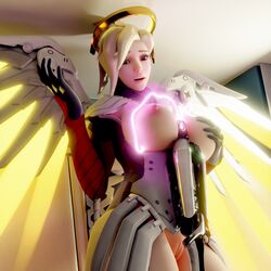 1girls 3d blizzard_entertainment breast_grab breasts breasts_out exposed_breasts exposed_nipples exposed_pussy giantess immalol looking_at_viewer lowres mercy minmax3d nipples overwatch