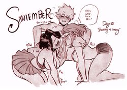 1boy 2girls blowjob breasts breasts_out collaborative_fellatio erinclover fellatio ffm_threesome imminent_sex katsuki_bakugou multiple_girls my_hero_academia ochako_uraraka original_character pixie_(erinclover) sharing teamwork threesome topless