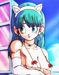 1girls 4:5 bikini bikini_top blue_eyes blue_eyes_female blue_hair blue_hair_female breasts bulma_briefs cat_ears cosplay deviantart dragon_ball dragon_ball_z fanart female female_focus female_on_top female_only female_solo gloves kame_house light_blue_hair long_blue_hair long_gloves long_hair_female looking_away looking_back looking_pleasured looking_up name_tag neko nuggetmcfly shiny shiny_breasts shiny_hair shiny_skin shoulders sky solo solo_female solo_focus strap_gap white_gloves