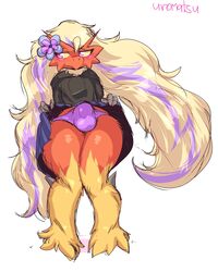 2020 4:5 absurd_res accessory anthro balls_outline blaziken blonde_hair bottomwear bulge clothed clothing clothing_lift crossdressing fan_character femboy flower flower_in_hair front_view fur genital_outline girly hair hair_accessory hi_res long_hair looking_away male multicolored_body multicolored_fur nintendo panties penis_outline plant pokemon pokemon_(species) purple_eyes racha_(otterjunk) red_body red_fur simple_background skirt skirt_lift solo solo_male standing thick_thighs two_tone_body two_tone_fur underwear uromatsu video_games white_background yellow_body yellow_fur yellow_sclera