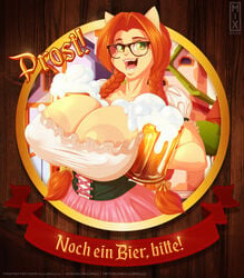 2020 alcohol anthro areola beer beverage big_breasts braided_hair breasts brown_hair digital_media(artwork) domestic_cat eyewear felid feline felis female german_text glasses green_eyes hair holding_object huge_breasts katrina_fowler llmixll long_hair looking_at_viewer mammal nipple_outline open_mouth solo text translated url