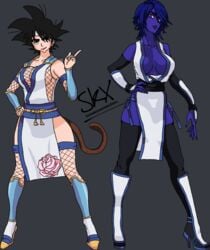 2girls alien_girl arm_gloves armor artist_signature barely_contained black_eyes black_hair blue_hair character_sheet dragon_ball dragon_ball_xenoverse fishnets front_view grey_background hands_on_hips headband high_heels large_breasts magenta_eyes martial_arts_uniform no_nose original_character pointing pose posing purple_skin revealing_clothes saiyan saiyan_armor saiyan_tail shi_(someknowmeasxeno) side_by_side signature smirk someknowmeasxeno spiky_hair squesh thick_thighs thighhighs watermark