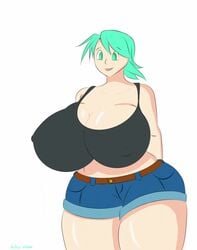 antex booty_shorts bouncing_breasts breasts green_eyes green_hair hard_nipples huge_breasts jean_shorts nipples poking_breasts smiling solo_female thick_thighs white_background white_skin