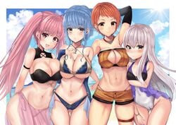 4girls adapted_costume alternate_costume ass_visible_through_thighs bikini blue_hair blue_sky braid breasts brown_eyes cameltoe cleavage cloud crown_braid day female female_only fire_emblem fire_emblem:_three_houses highres hilda_valentine_goneril human large_breasts leonie_pinelli long_hair lysithea_von_ordelia marianne_von_edmund multiple_girls nail_polish nintendo one-piece_swimsuit open_mouth orange_eyes orange_hair outdoors pink_eyes pink_hair sarong short_hair sky smile swimsuit thigh_strap twintails white_hair yui_(msy1302mana)