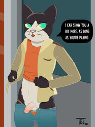 clothed clothing danny_(nitw) domestic_cat english_text exhibitionism felid feline felis fur genitals hi_res lineless male mammal multicolored_body multicolored_fur night_in_the_woods penis solo solo_male teot text two_tone_body two_tone_fur video_games