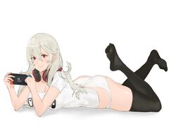 1girls ass big_breasts black_legwear blush breasts bubble_ass bubble_butt corrin_(fire_emblem) corrin_(fire_emblem)_(female) curvy feet female fire_emblem fire_emblem_fates hair_between_eyes hair_ornament hairband headphones headphones_around_neck j@ck large_breasts legs legs_up long_hair lying manakete nintendo_switch no_shoes on_stomach paid_reward panties patreon_reward playing_games pointy_ears red_eyes shirt silver_hair simple_background skin_fang smile solo t-shirt tareme thighhighs thighs underwear video_game white_panties white_t-shirt