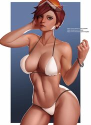 1girls belly bikini blizzard_entertainment brown_eyes brown_hair cleavage eyewear_removed female female_only fit fit_female large_breasts looking_at_viewer navel overwatch solo sunglasses_on_head thong thong_bikini tracer v1mpaler visor voluptuous