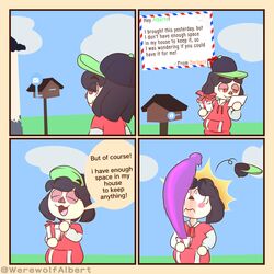 2020 4koma albert_(werewolf_albert) animal_crossing black_hair blue_sky brown_eyes cap closed_eyes closed_mouth clouds comic eyes_half_open eyes_open giant_dildo gift grass happy hitting impressed letter mailbox male male_only mini_comic nintendo open_mouth penis penis_shadow present purple_dildo red_sweater self_insert shadow text_bubble villager_(animal_crossing) werewolf_albert