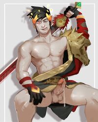 1boy abs athletic athletic_male balls black_hair erection glans gloves greek_mythology hades_(game) heterochromia holding_sword male male_nipples male_only muscular muscular_male nipples no_underwear partially_clothed penis precum precum_string red_eye short_hair sitting solo solo_focus solo_male sword testicles tongue_out vein_(artist) zagreus