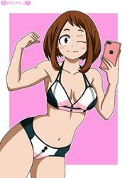 1girls bikini brown_hair cleavage clothed curvy darkuro_27 female female_focus female_only looking_at_viewer my_hero_academia ochako_uraraka phone revealing_clothes short_hair shounen_jump simple_background smile solo sweat wide_hips wink