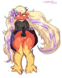 2020 4:5 absurd_res accessory animal_genitalia animal_penis anthro balls blaziken blonde_hair bottomless bottomwear bulge canine_penis clothed clothing clothing_lift crossdressing erection fan_character femboy flower flower_in_hair front_view fur genital_outline genitals girly hair hair_accessory hi_res knot long_hair looking_away male multicolored_body multicolored_fur nintendo penis penis_outline plant pokemon pokemon_(species) presenting presenting_penis purple_eyes racha_(otterjunk) red_body red_fur simple_background skirt skirt_lift solo solo_male standing thick_thighs two_tone_body two_tone_fur uromatsu video_games white_background yellow_body yellow_fur yellow_sclera