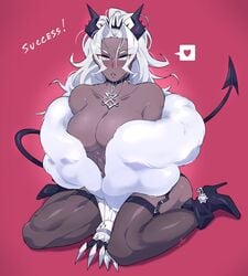 abs armwear blush breasts choker claws cleavage dark-skinned_female dark_skin demon demon_girl demon_horns demon_tail female female_only fur_coat gram_quartz hairband heels helltaker high_heels highres judgement_(helltaker) kneeling long_hair looking_at_viewer messy_hair muscular muscular_female red_background solo solo_female stockings white_eyebrows white_eyes white_hair