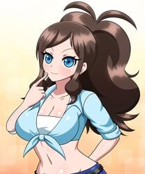 big_breasts brown_hair cleavage female female_focus female_only hair_focus hilda_(pokemon) long_hair midriff navel nintendo pokemon pokemon_bw solo solo_female solo_focus wavy_hair yensh