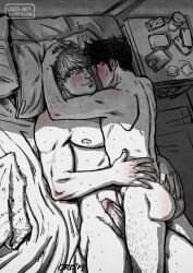 2boys ass bad_id bad_tumblr_id bara black_hair blonde_hair blush completely_nude couple crisart erection eye_contact feet_out_of_frame from_above gay greyscale hand_on_another's_ass hands_on_another's_head happy hulkling leg_hair looking_at_another lying lying_on_person male_focus male_only marvel monochrome multiple_boys muscular muscular_male nude on_back on_bed pectorals penis pillow short_hair sideburns sparse_stubble spot_color sunlight thick_eyebrows toned toned_male wiccan yaoi