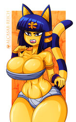 2020 absurd_res alcasar-reich alternate_body_type alternate_breast_size angry animal_crossing ankha anthro big_breasts breasts cleavage clothed clothing domestic_cat egyptian felid feline felis female female_only hi_res mammal nintendo open_mouth partially_clothed partially_clothed_female sharp_teeth solo striped_tail stripes thick_thighs video_games